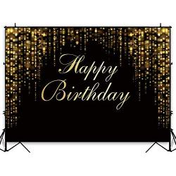 Funnytree 7x5ft Happy Birthday Party Backdrop Black and Gold Glitter Bokeh Sequin Spots Photography Background Golden Sparkle Shining Dots Baby Adult Abstract Banner Cake Table Decoration Photo Booth