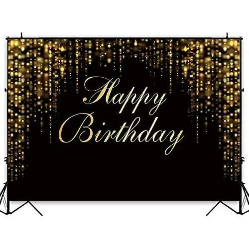 Funnytree 7x5ft Happy Birthday Party Backdrop Black and Gold Glitter Bokeh Sequin Spots Photography Background Golden Sparkle Shining Dots Baby Adult Abstract Banner Cake Table Decoration Photo Booth