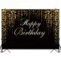 Funnytree 7x5ft Happy Birthday Party Backdrop Black and Gold Glitter Bokeh Sequin Spots Photography Background Golden Sparkle Shining Dots Baby Adult Abstract Banner Cake Table Decoration Photo Booth