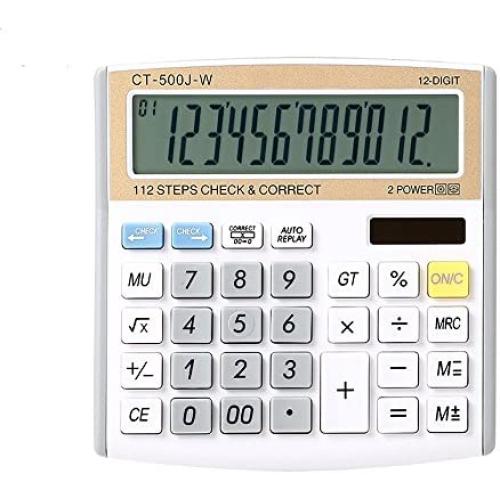 Electronic Desktop Calculator with 12-digit Large Display, Solar and Button Dattery Dual Power Standard 12-Digit Big Display Handheld Function Desktop Calculator (White Gold)