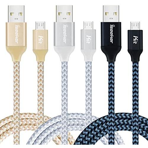 USB Cords(6ft), iSeekerKit 3 Pack High Charging Speed USB 2.0 A Male to Micro Nylon Braided Cords with Aluminum Connector Compatible for Android, Galaxy s6 s7 and More(Silver&Golden&Black)