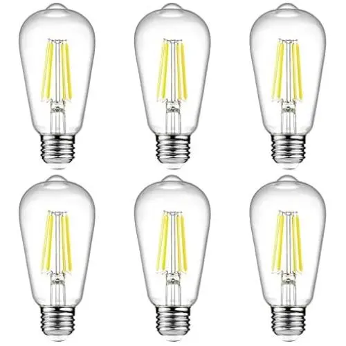 Ascher Vintage LED Edison Bulbs, 6W, Equivalent 60W, High Brightness Daylight White 4000K, ST58 Antique LED Filament Bulbs, E26 Medium Base, Non Dimmable, Clear Glass, Pack of 6