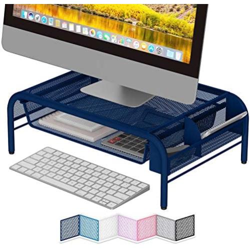 NEATERIZE Monitor Stand for Desk - Metal Monitor Stand Riser and Laptop Desk Stand with Organizer - Desktop Computer Stand and Monitor Riser Stand for Desk with Drawer - Improves Airflow - (Navy)