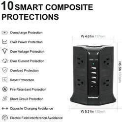 Power Strip Tower SAFEMORE Smart 8-Outlet 4-USB Surge Protector Desktop Power Plug Electrical Charging Station with 6.5ft Long Extension Cord 100-240V Outlet USB Tower for Home Office(Black)