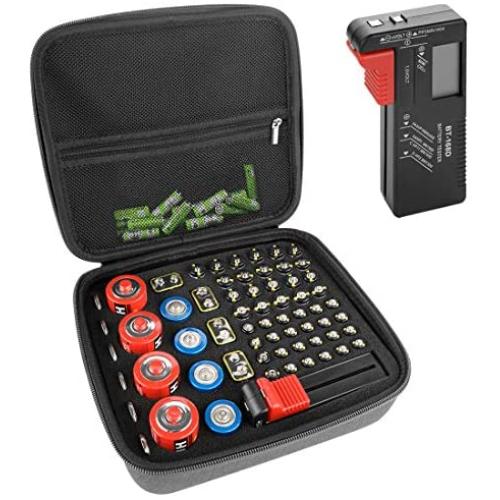 LinkIdea Hard Battery Storage Container, Organizer Box with Tester BT-168, Safe Carrying Battery Case Holder - Holds 63 Various Sizes AA AAA 9V C D Batteries with Battery Tester