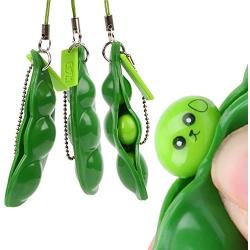 iMagitek 3 Pcs Fidget Toy Set, Squeeze-a-Bean Soybean Stress Relieving Playful Charms Extrusion Edamame Pea Keychain for Mobile Phones and Keys - Green