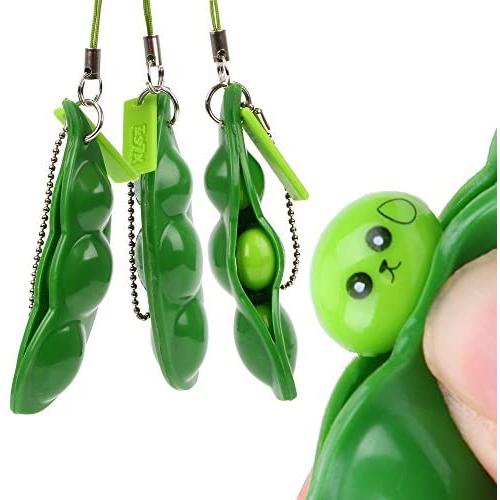 iMagitek 3 Pcs Fidget Toy Set, Squeeze-a-Bean Soybean Stress Relieving Playful Charms Extrusion Edamame Pea Keychain for Mobile Phones and Keys - Green