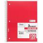 Mead Spiral Notebooks, 3 Subject, Wide Ruled Paper, 120 Sheets, 10-1/2'' x 7-1/2'', Red, Green, Blue, 3 Pack (73179)