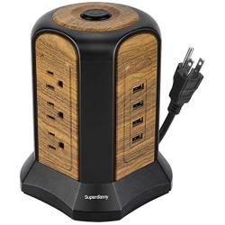 SUPERDANNY Surge Protector Tower USB Power Strip with 9 AC Outlets 4 USB Slots, 9.8ft Extension Cord Multiple Port Extender Desktop Charging Station for Office Home Dorm Bedroom, Soft Wood Grain