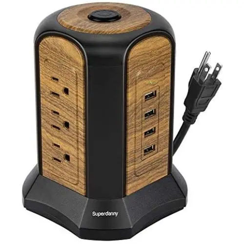 SUPERDANNY Surge Protector Tower USB Power Strip with 9 AC Outlets 4 USB Slots, 9.8ft Extension Cord Multiple Port Extender Desktop Charging Station for Office Home Dorm Bedroom, Soft Wood Grain