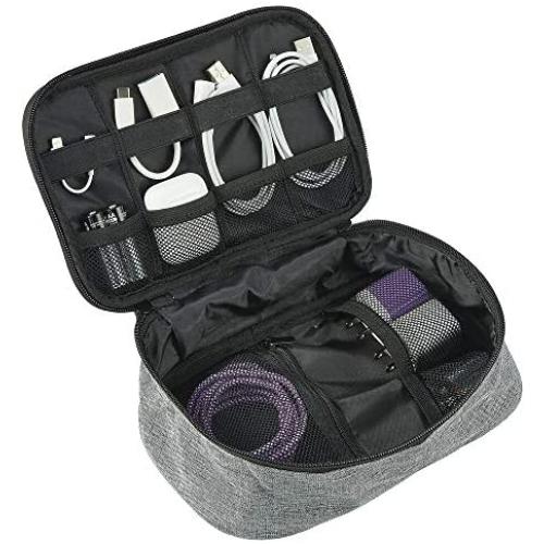 mDesign Fabric Travel Electronic Accessories Bag Organizer with Easy-Pull Zipper/Handle, Water-Resistant, Front Pocket - Holds Cords, Smart Phones, Earbuds, Batteries, Chargers, Travel Sizes - Gray