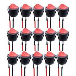 DaFuRui Round Red Rocker Switch 24V, 15PCs Mini 2 Position ON/Off Switch SPST Red Button with Wire