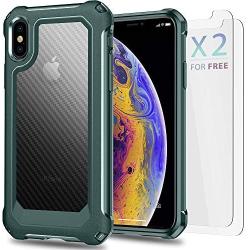 iPhone X Case, iPhone Xs Case with [ Screen Protector Tempered Glass x2Pack] SUPBEC Protective Phone Cover with Silicone PC+TPU Shockproof Rubber Heavy Duty Case for iPhone X/iPhone Xs-Clear Green