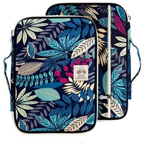 Lazyaunti Zipper Portfolio Organizer A4 Note Pouch-Waterproof Document Bags/Zipper Binder/Paper Case for 12.5'' Mac,Tablet,Pens,washi Tape,Journals,Sketch Books(Navy Blue Leaf)