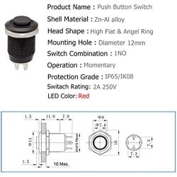 12mm 1/2'' Momentary Push Button Switch 1NO SPST Black Metal Shell LED Ring Light Waterproof Toggle Switches (Red Light)