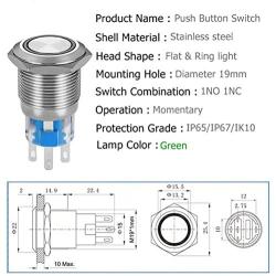 Quentacy Momentary Push Button Switch 1NO1NC Waterproof Silver Stainless Steel Shell 12V LED Ring Switch with Wire Socket Plug Suitable for 19mm 3/4 Mounting Hole (Green)