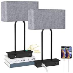 Set of 2 Touch Control 3-Way Dimmable Table Lamp with 2 USB Ports &1 AC Outlet, Modern Bedside Nightstand Lamps with Fabric Shade, Desk Lamps for Bedroom Living Room Grey, Bulbs Included