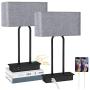 Set of 2 Touch Control 3-Way Dimmable Table Lamp with 2 USB Ports &1 AC Outlet, Modern Bedside Nightstand Lamps with Fabric Shade, Desk Lamps for Bedroom Living Room Grey, Bulbs Included
