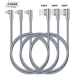 90 Degree Lightning Cable 10FT 3 Pack Right Angle iPhone Charging Cord Compatible with iPhone 12 11 Pro Max X XR 8 7 6 Plus iPad (Grey,10 Foot)