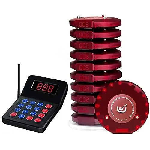 NADAMOO Restaurant Pager System with 10 Coaster Pager Wireless Paging System Calling System Portable Rechargable Restaurant Buzzers with Numeric Keypad Transmitter