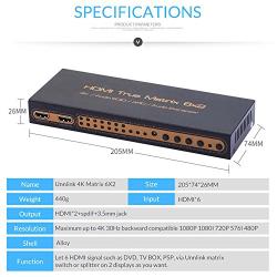 Unnlink HDMI Matrix 6 x 2 UHD 4K Switch/Splitter 6 in 2 Out HDMI Audio Extractor HiFi 5.1 SPDIF Toslink+3.5mm Jack ARC,PIP IR Remote Control Compatible with Computer ps4 Xbox one roku Chromecast