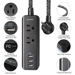 Power Strip with 3 USB Charging Ports(15W/3.1A) and 2 Outlets, Desktop Charging Station with 5 Ft Braided Extension Cord, Right Angle Flat Plug, Small for Travel , Cruise, Home and Office, ETL Listed