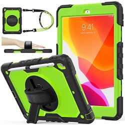 SEYMAC stock Case for iPad 8th/7th Generation 10.2, [Full-Body] &Shock-Proof Protection with 360 Degrees Rotating Stand [Pencil Holder] Hand Strap for 2020/2019 iPad 8th/7th 10.2 Inch(Green+Black)