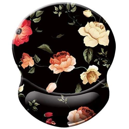 BOSOBO Ergonomic Mouse Pad with Gel Wrist Rest Support, Art Design Floral Wrist Rest Mousepad Pain Relief Flowers Mouse Mat for Office Home Computer PC Laptops Women and Men, Non-Slip PU Base, Black