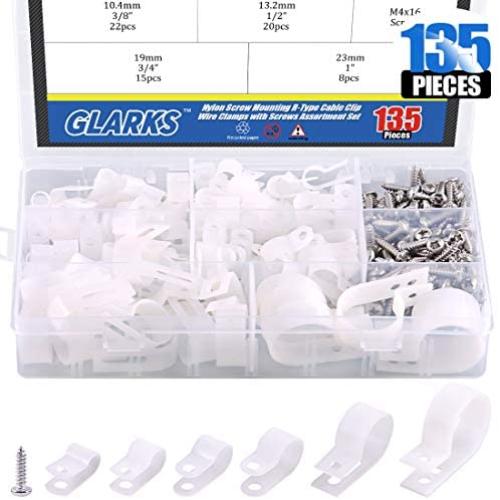 Glarks 135Pcs 6 Sizes 1/4-1 White Nylon Screw Mounting R-Type Cable Clip Wire Clamp with 132Pcs Screws for Wire, Cable, Conduit and Cable Conduit Kit (White)