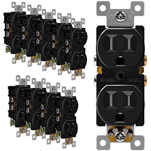 ENERLITES Tamper-Resistant Child Safe Duplex Receptacle Outlet, Residential Grade, 3-Wire, Self-Grounding, 2-Pole, 15A 125V, UL Listed, 61580-TR-BK, Black (10 Pack)