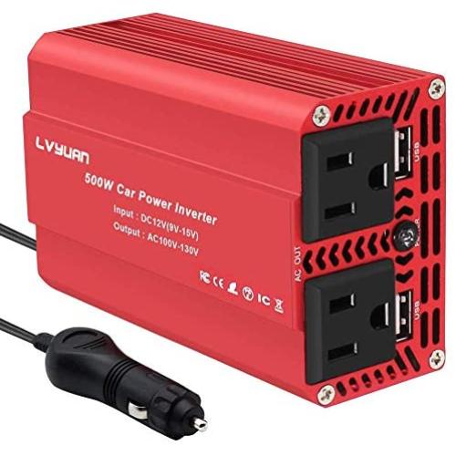 Yinleader 500W Car Power Inverter DC 12V to 110V AC Car Converter with 2 USB Charging Ports, Power Converter with 2 AC Outlets Car Charger, Car Adapter