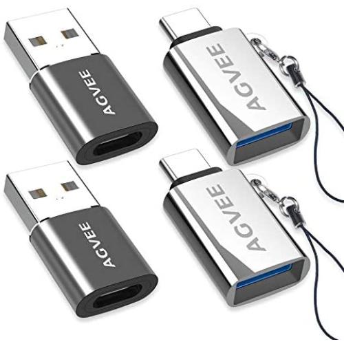 AGVEE [2 Pack] Zinc USB-C Male to USB-A 3.0 Female OTG Adapter & [2 Pack] USBC Female to USB-A 2.0 Male Converter, for MacBook Pro, iPad Pro 2020 Air 4, Galaxy S20 S10 Note 20 10, Pixel 2 3 4, Silver
