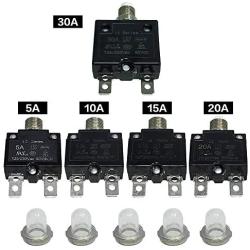 IZTOSS 5PCS 5Amp 10Amp 15Amp 20Amp 30Amp Circuit Breakers with manual reset Waterproof Button transparent Cover DC50V AC125-250V with Quick Connect Terminals