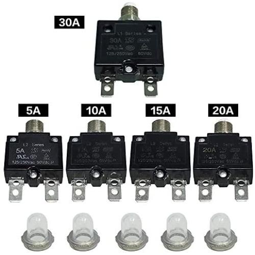 IZTOSS 5PCS 5Amp 10Amp 15Amp 20Amp 30Amp Circuit Breakers with manual reset Waterproof Button transparent Cover DC50V AC125-250V with Quick Connect Terminals