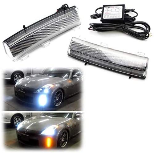 iJDMTOY Front Bumper Switchback LED Daytime Running Lights Compatible With 06-09 Nissan 350z LCI, Exact Fit Bumper Reflector Replacement Powered by White & Amber CREE LED Lights