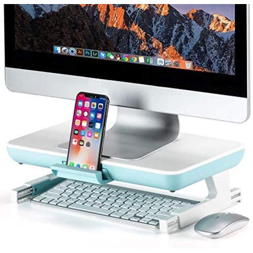 Foldable Monitor Stand Riser, Adjustable Length Computer Stand Riser with Storage Drawer Tablet Phone Stand for PC Laptop Computer (White)
