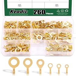Keadic 260 Pieces M3 M4 M5 M6 M8 M10 Open Barrel Wire Crimp Copper Terminal Connerctor Assortment Kit, Non-Insulated Ring Lugs Crimp Cable Connector for Crimp Solid Wires or Stranded Wires(Gold)