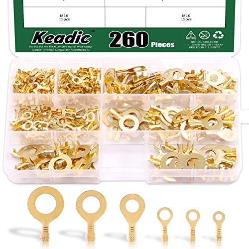 Keadic 260 Pieces M3 M4 M5 M6 M8 M10 Open Barrel Wire Crimp Copper Terminal Connerctor Assortment Kit, Non-Insulated Ring Lugs Crimp Cable Connector for Crimp Solid Wires or Stranded Wires(Gold)