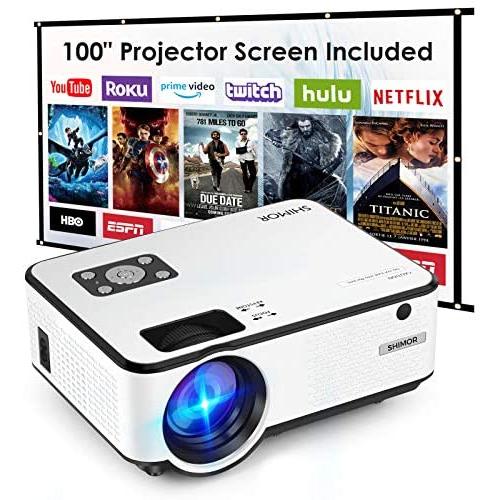 Mini Projector, SHIMOR C9 Portable Movie Projector with 100Inch Projector Screen, 1080P Supported Compatible with TV Stick, Video Games, HDMI,USB,TF,VGA,AUX,AV