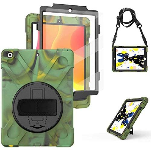 iPad 10.2 2020 2019 Case with Screen Protector, TSQ 3 Layers Shockproof Hard Rugged Protective Silicon Boys Case with Stand/Hand Strap+Shoulder Strap for New iPad 10.2 8th 7th Generation, Camouflage