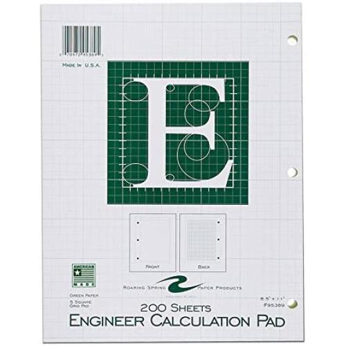 Roaring Spring 5x5 Grid Engineering Pad, 15# Green, 3 Hole Punched, 8.5'' x 11'' 200 Sheets, Green Paper