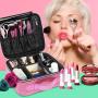 Holographic Makeup Case, BuyAgain Waterproof Cute Travel Cosmetic Case Organizer With Adjustable Dividers for Women, Pink