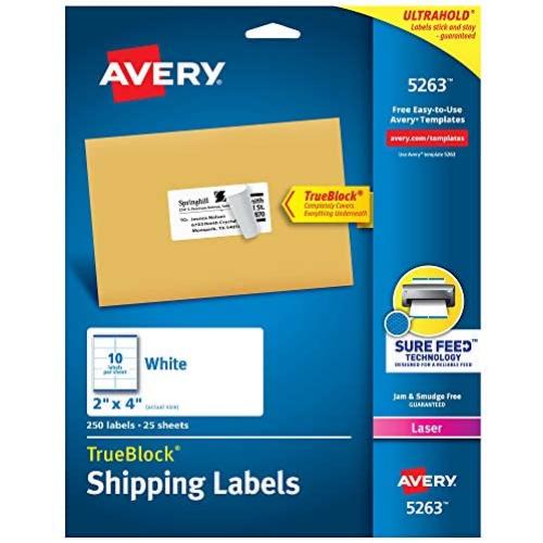 Avery Shipping Address Labels, Laser Printers, 250 Labels, 2x4 Labels, Permanent Adhesive, TrueBlock (5263) , White