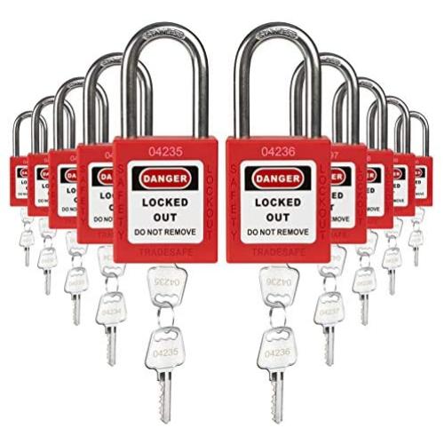 TRADESAFE Loto Locks – 10 Lockout Tagout Locks Keyed Differently – Lock Out Tag Out Padlocks Set– 2 Keys Per Lock – Red – Lockout Tagout Kit Refill – A USA Company