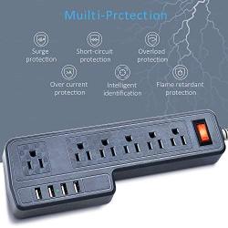Mountable Surge Protector Power Strip JACKYLED 9.8ft 6 Outlets 4 USB Ports Electric Power Outlet with Right Angle Flat Plug Electric Long Extension Cord Power Charging Station for Home Office Gray