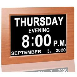 【Upgraded】 Digital Calendar Alarm Day Clock - with 8'' Large Screen Display, am pm, 5 Alarm, for Extra Large Impaired Vision People, The Aged Seniors, The Dementia, for Desk, Wall Mounted (Brown)