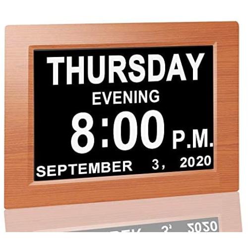 【Upgraded】 Digital Calendar Alarm Day Clock - with 8'' Large Screen Display, am pm, 5 Alarm, for Extra Large Impaired Vision People, The Aged Seniors, The Dementia, for Desk, Wall Mounted (Brown)