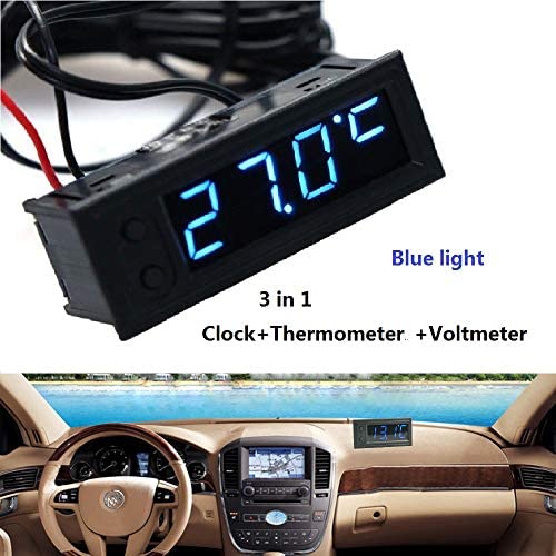 Car Temperature Clock - TOTMOX Car Clock 12V 3 in 1 Thermometers Voltmeter Gauge Electronic Clock LED Digital Display LCD Screen (Blue)