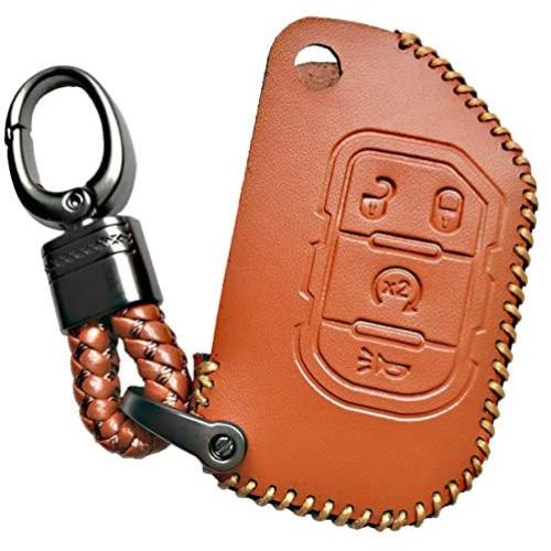 Alegender 4-Btn Flip Key Leather Cover Fob Case Skin Remote Jacket Protector for 2018 2019 2020 Jeep Wrangler JL Gladiator JT 68292944AA Brown