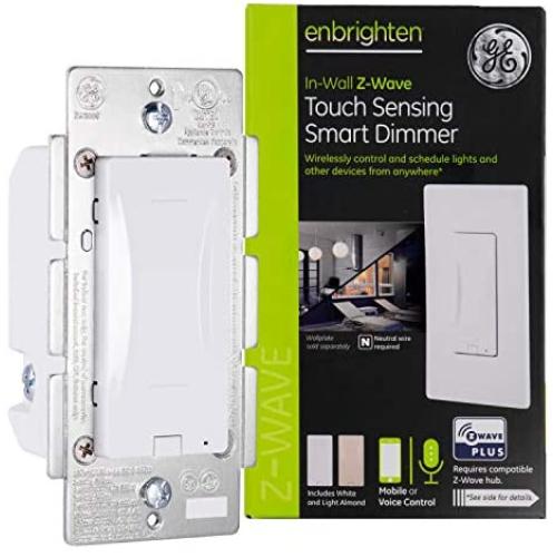 GE Enbrighten Z-Wave Plus Smart Touch Panel Dimmer Switch, Smooth Seamless Dimming, In-Wall, Includes White and Lt. Almond Paddle, Zwave Hub Required, Works with SmartThings, Wink, Alexa, 14289